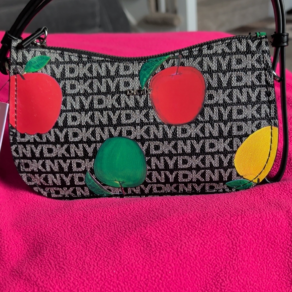 DKNY Black Logo Jacquard Shoulder Bag with Red, Green and Yellow Fruit Motif